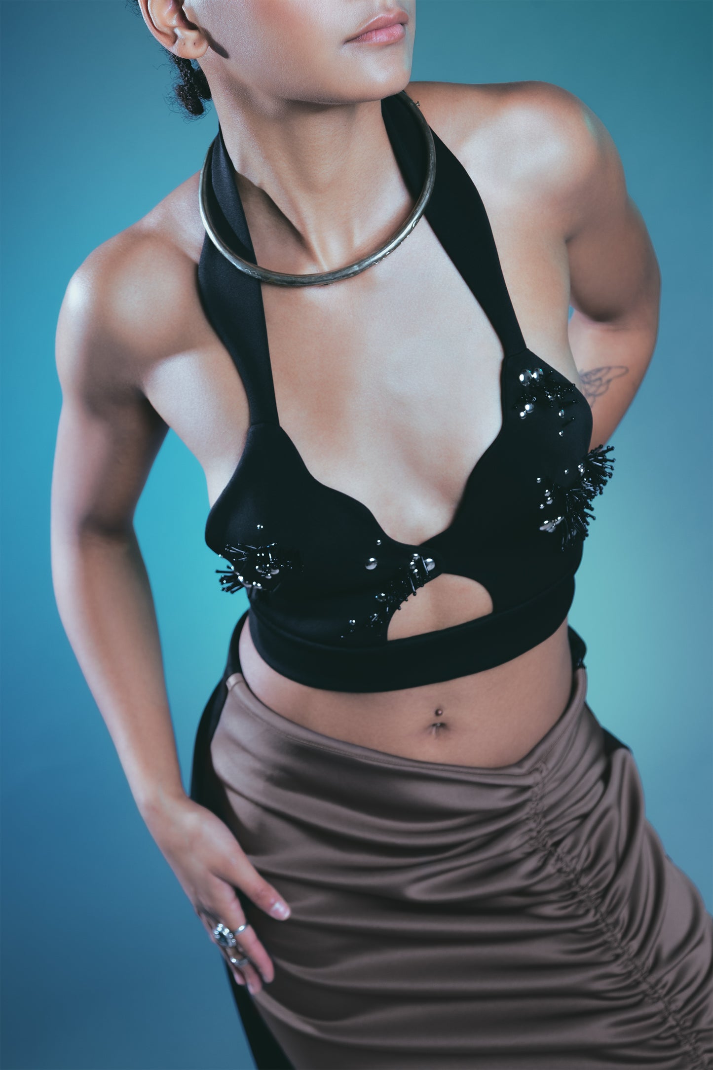 ARTA, black bralette with abstract embroidery