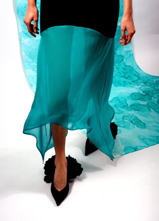 ALVISA, jupe mi-longue noire et turquoise