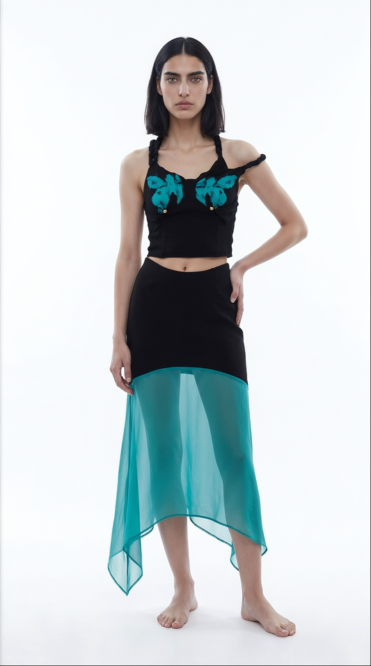 ALVISA, jupe mi-longue noire et turquoise