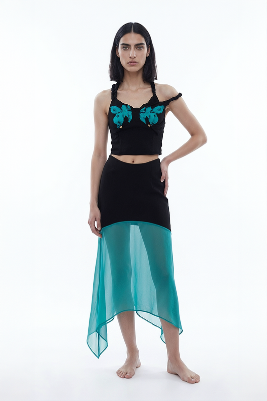 ALVISA, jupe mi-longue noire et turquoise