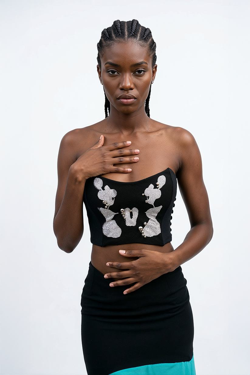 ANDIA, unique ink drop print corset