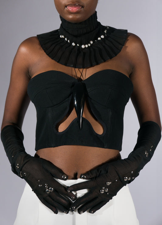 ARIOLA, black corset with 3D printed glossy accessory