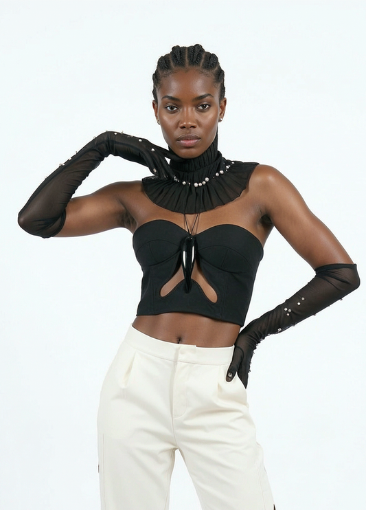 ARIOLA, bustier noir avec accessoire brillant imprimé en 3D