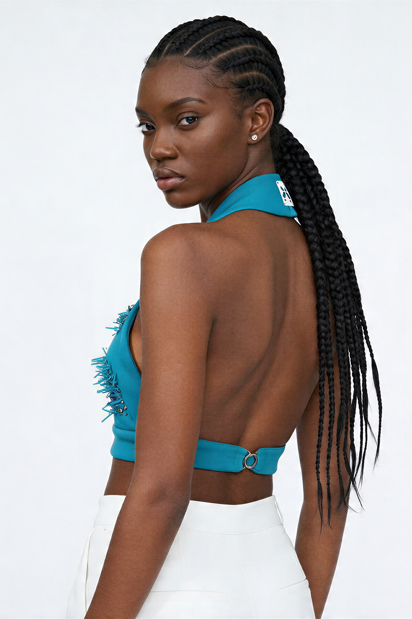 ARTA, turquoise brassiere with abstract embroidery