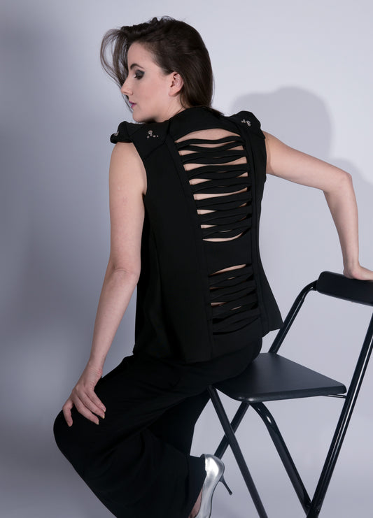 AVA, sleeveless jacket with corset-inspired intertwined back