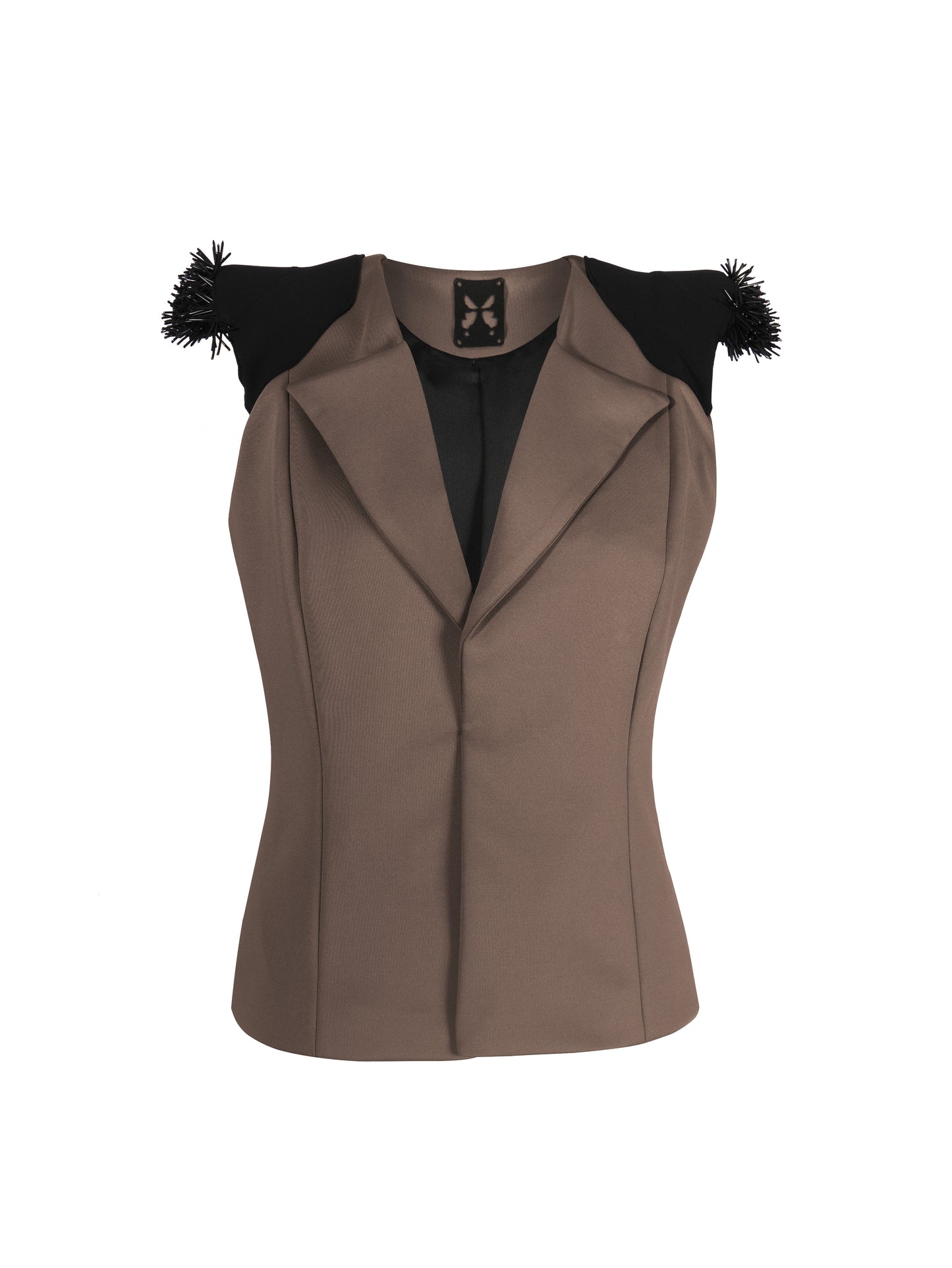 AVA, sleeveless jacket with contrasted shoulder pads and abstract embroidery