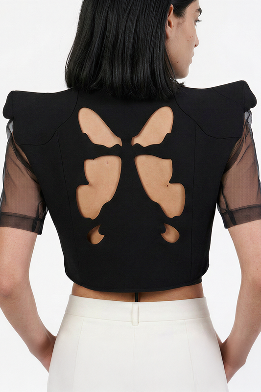AVA, short sleeves jacket with laser cut logo on the back