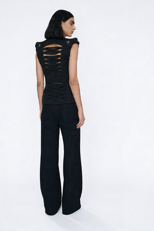 AVA, sleeveless jacket with corset-inspired intertwined back